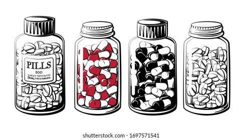 Pill Flaschen Vektorillustration Illustration. Eine Reihe von Tabletten und Kapseln in Glas- und Plastikflaschen.