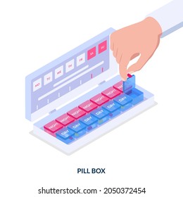 Pill box concept. Smart container for pills storage and human hand holding capsule with medicine. Isometric vector illustration on white background.