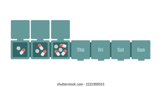 pill box, medication schedule, pills and capsules for every day, daily medication schedule, pillbox, pill organizer plastic container, first aid kit isolate on white background, pharmacology