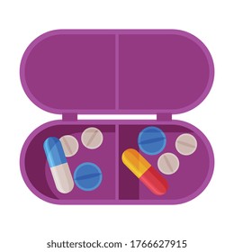 Pill Box Organizer, Pills and Capsules in Plastic Container Flat Style Vector Illustration on White Background