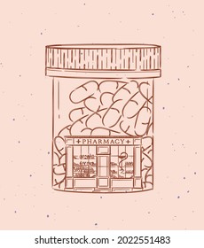 Pill box a storefront of pharmacy drawing in vintage style on peach color background