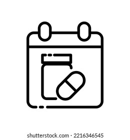 Pill with calendar line icon. Medications, pill reminder, medicines, plate, red cross, pharmacy, first aid kit, hospital, doctor. Health care concept. Vector black line icon on a white background