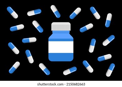 Píldora, cápsula, frasco y frasco con sustancia farmacéutica. Medicamento, medicina y medicina para curar y tratamiento médico. Ilustración vectorial aislada en negro.