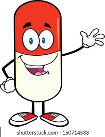 Pill Capsule Cartoon Character Waving For Greeting