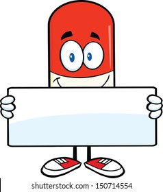 Pill Capsule Cartoon Mascot Character Holding A Banner