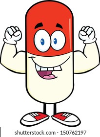 Pill Capsule Cartoon Mascot Character Showing Muscle Arms