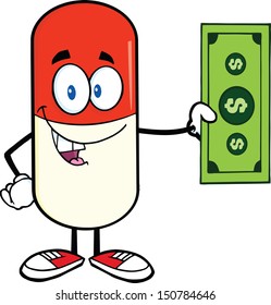 Pill Capsule Cartoon Mascot Character Showing A Dollar Bill