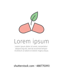 Pill capsule with green leaf. Opened medical capsule