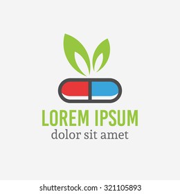 Pill capsule with green leaf, pharmacology and alternative medicine isolated vector logo template with sample text