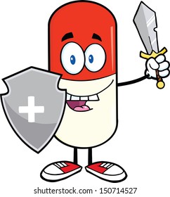 Pill Capsule Guardian With Shield And Sword