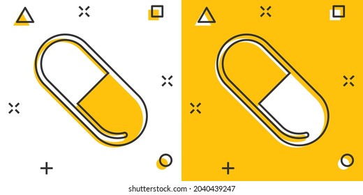 Pill capsule icon in comic style. Drugs cartoon vector illustration on white isolated background. Pharmacy splash effect business concept.