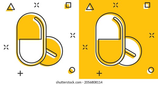 Pill capsule icon in comic style. Drugs cartoon vector illustration on white isolated background. Pharmacy splash effect business concept.