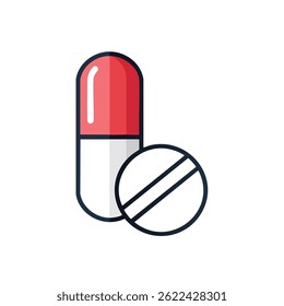 Pill and capsule icon in red and white with soft shadows.