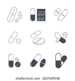 Pill and capsule icon set. Pill and capsule pack symbol vector elements for infographic web