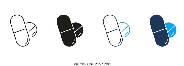 Pill and Capsule Line and Silhouette Icon Set. Medicine and Healthcare Supplement Symbol. Medication for Health and Sleep Aid. Editable Stroke. Isolated Vector Illustration.