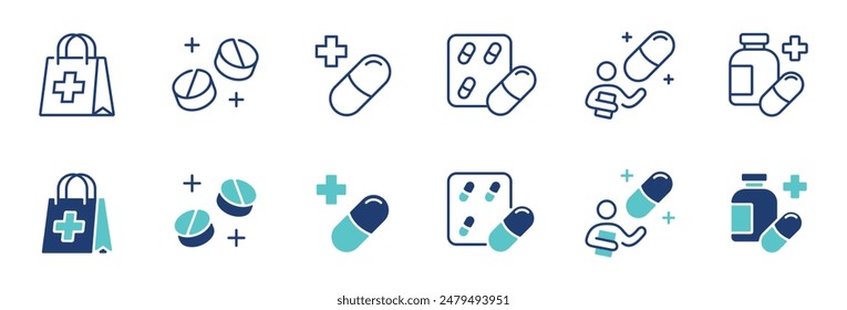 Pille und Kapsel Medizin Icon Vektorgrafik Set Medical Antibiotic Rezept Tablette Apotheke Medikamentenzeichen Illustration für Web und App