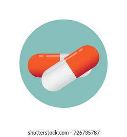 Pill capsule on green circle on white background