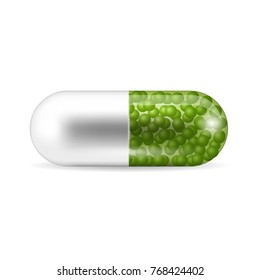 A pill in the capsule shape isolated on the white background. The two-piece tablet in the caplet form with the green granules inside it. Vector illustration of medicine and drugs.