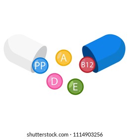 Pill capsule with vitamins and minerals complex. Medical dietary supplement and healthy vector design icon