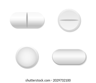 Pill and capsule. White round tablet. Realistic medicine for healthy. Pill of aspirin. Drug and vitamin isolated on white background. Pharmacy capsule of antibiotic or painkiller. Medical icon. Vector