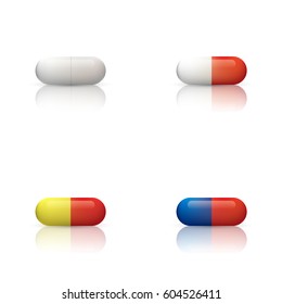 Pill capsules set isolated on white background. Vector illustration.