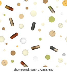 Pill and capsules. Vector illustration. Healthcare and medicine. Seamless pattern background.