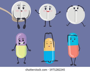Pill character set collection. Vector illustration.
