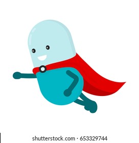 Pill character super-hero flying. Isolated on white background. Vector flat cartoon modern style illustration icon drawing, Isolated on white background