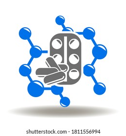 Pill Clinical Research Logo. Hormones, Antibiotics, Drugs Molecule Icon Vector. Chemical Innovative Drugs Study Pharmaceutical Sign.