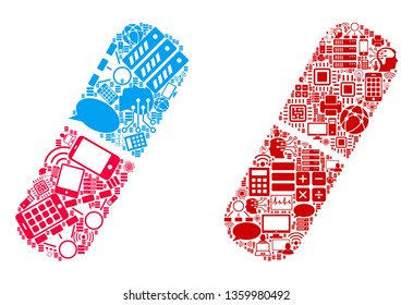 Pill collage icons constructed for bigdata purposes. Vector pill mosaics are organized from computer, calculator, connections, wi-fi, network icons into abstract illustration. Usual and red colors.