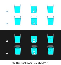 pill concept set. Instruction how to dissolve effervescent medication pill in water. Vector illustration. medicine use