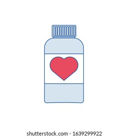 Pill container with heart on label, simple vector illustration.