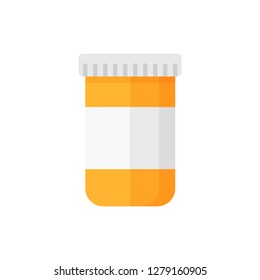 Pill container illustration. Blank label, pharmacy, bottle, jar. Medicine concept. Can be used for topics like treatment, cure, medication