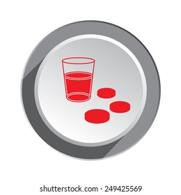 Pill, drug icon. Medical symbol of health and medicine. Tablet and glass of water sign on 3d round button with shadow. Vector