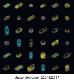 Pill drug icons set. Isometric set of pill drug vector icons neon color on black