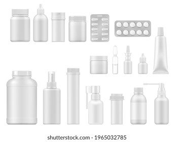 Pill, drug and medicament realistic vector packages. 3d mockups of pharmaceutical packaging, white plastic bottles, packs, boxes and blisters with pills, spray and drops, ointment tube and ampoule