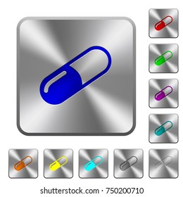 Pill engraved icons on rounded square glossy steel buttons