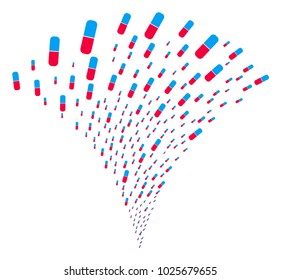 Pill explosion fountain. Vector illustration style is flat iconic symbols. Object fountain created from random icons as pill fireworks.