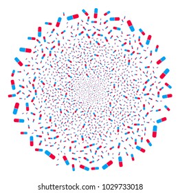 Pill festive circle. Object pattern organized from scattered pill pictographs as fireworks circle. Vector illustration style is flat iconic symbols.