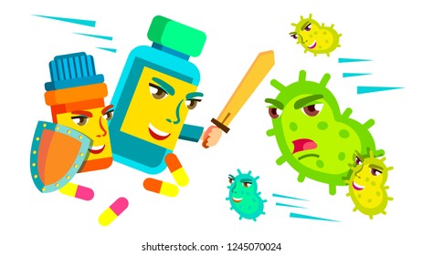 Pill Fighting With Sword And Shield Against Bacteria Attacking It, Medical Protect Concept Vector. Isolated Cartoon Illustration
