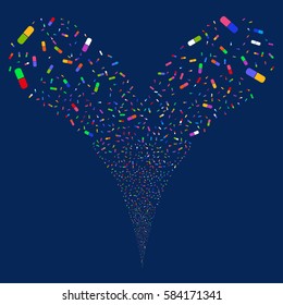 Pill fireworks stream. Vector illustration style is flat bright multicolored iconic symbols on a blue background. Object double fountain constructed from random icons.