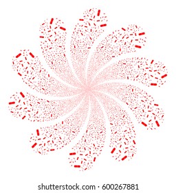 Pill fireworks swirl flower with ten petals. Vector illustration style is flat red scattered symbols. Object whirlpool done from random pictographs.