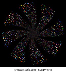 Pill fireworks swirl rotation. Vector illustration style is flat bright multicolored iconic symbols on a black background. Object whirlpool created from random symbols.