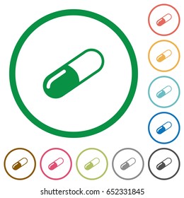 Pill flat color icons in round outlines on white background