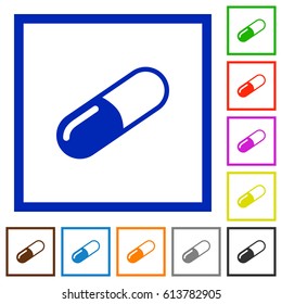 Pill flat color icons in square frames on white background