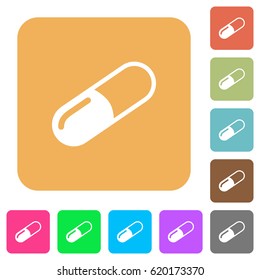 Pill flat icons on rounded square vivid color backgrounds.
