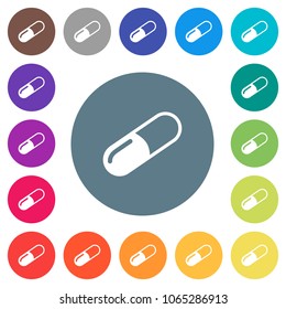 Pill flat white icons on round color backgrounds. 17 background color variations are included.