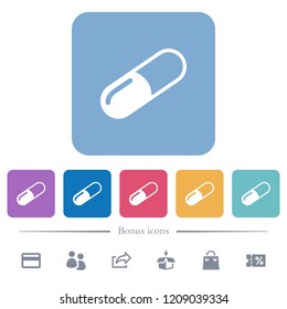 Pill flat white icons in square backgrounds. 6 bonus icons included.