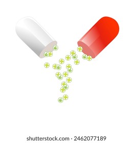 Pill in the form of a red and white capsule that opens and releases its contents isolated on a white background, concept of medicine, treatment.
