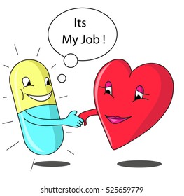 A pill is friends with by a heart. Vector illustration